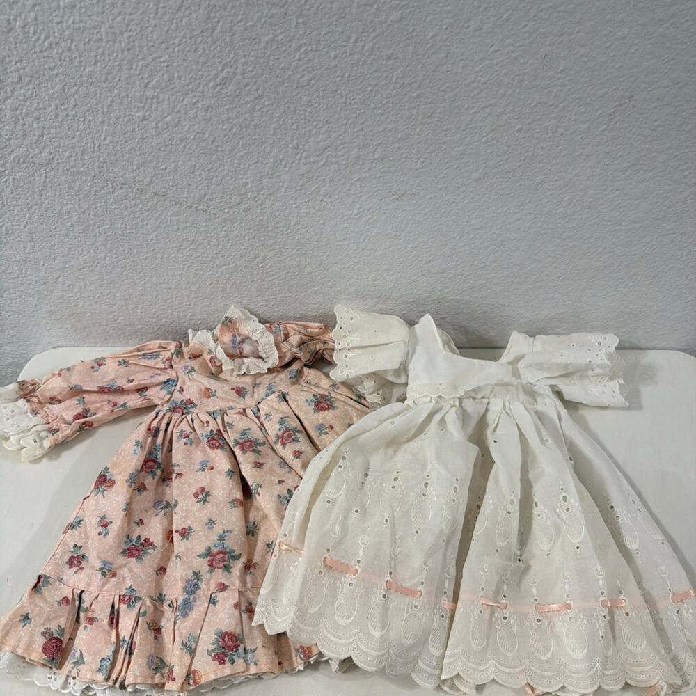 Two doll dresses, pink floral and white eyelet (Vintage and Homemade)